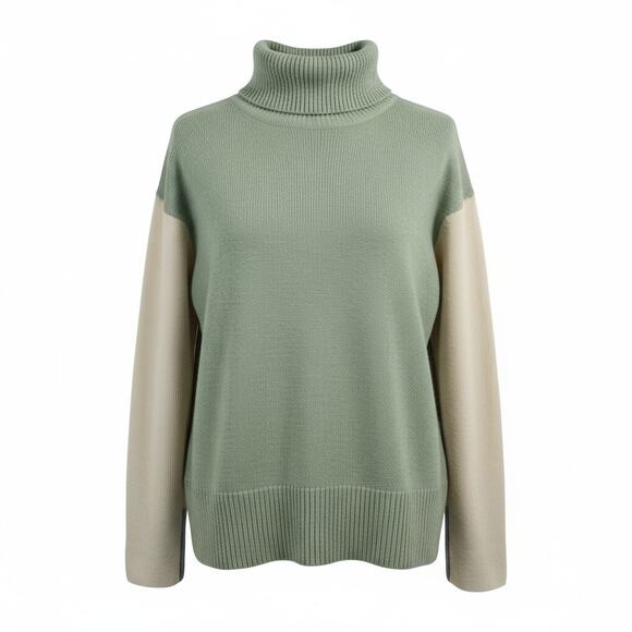 COS Oversized Tutleneck Wool Sweater Green Cream Colorblock Size XS - Picture 1 of 7